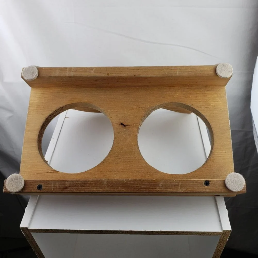 Wooden Elevated Pet Kitty Bowl Holder and Metal Bowls